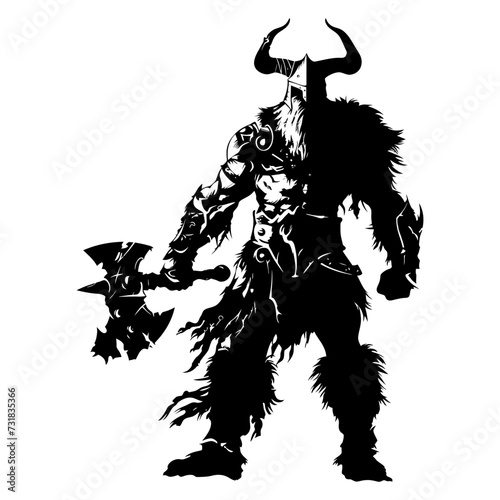 Silhouette viking warrior in mmorpg game black color only