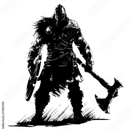 Silhouette viking warrior in mmorpg game black color only