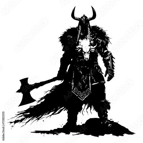 Silhouette viking warrior in mmorpg game black color only
