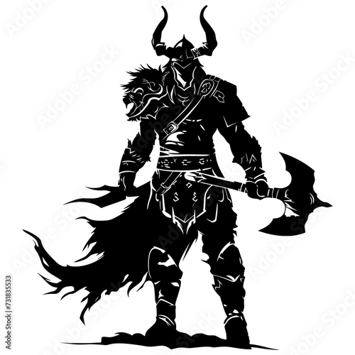 Silhouette viking warrior in mmorpg game black color only