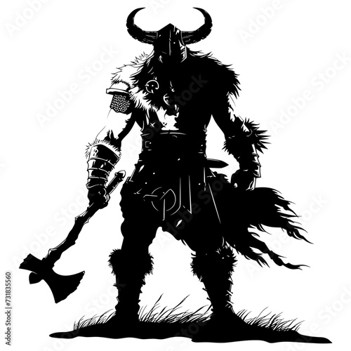 Silhouette viking warrior in mmorpg game black color only