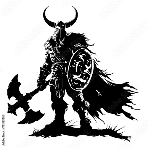 Silhouette viking warrior in mmorpg game black color only