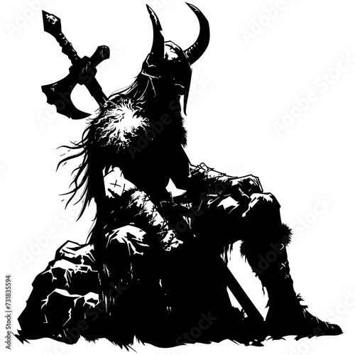 Silhouette viking warrior in mmorpg game black color only