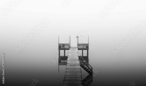 Grayscale of a serene dock shrouded in fog leading to the endless sea