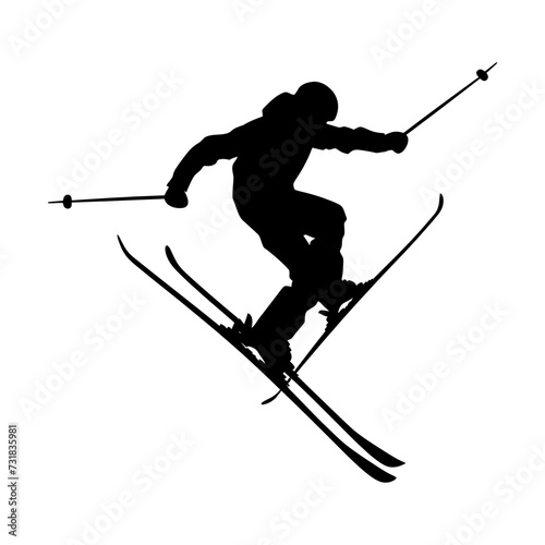 Silhouette ski jumps in the air black color only full body