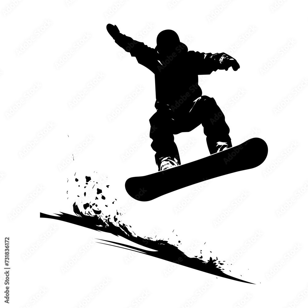 Silhouette snowboard jumps in the air black color only Silhouette snowboard jumps in the air black color only