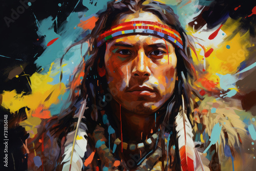 male native American, vibrant portrait, swirling color. man, a warrior in an ethnic costume with feathers. indian. colorful illustration.