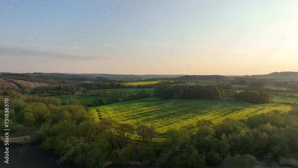 Aerial video of bright green farm fields on a sunny day Aerial video of bright green farm fields on a sunny day