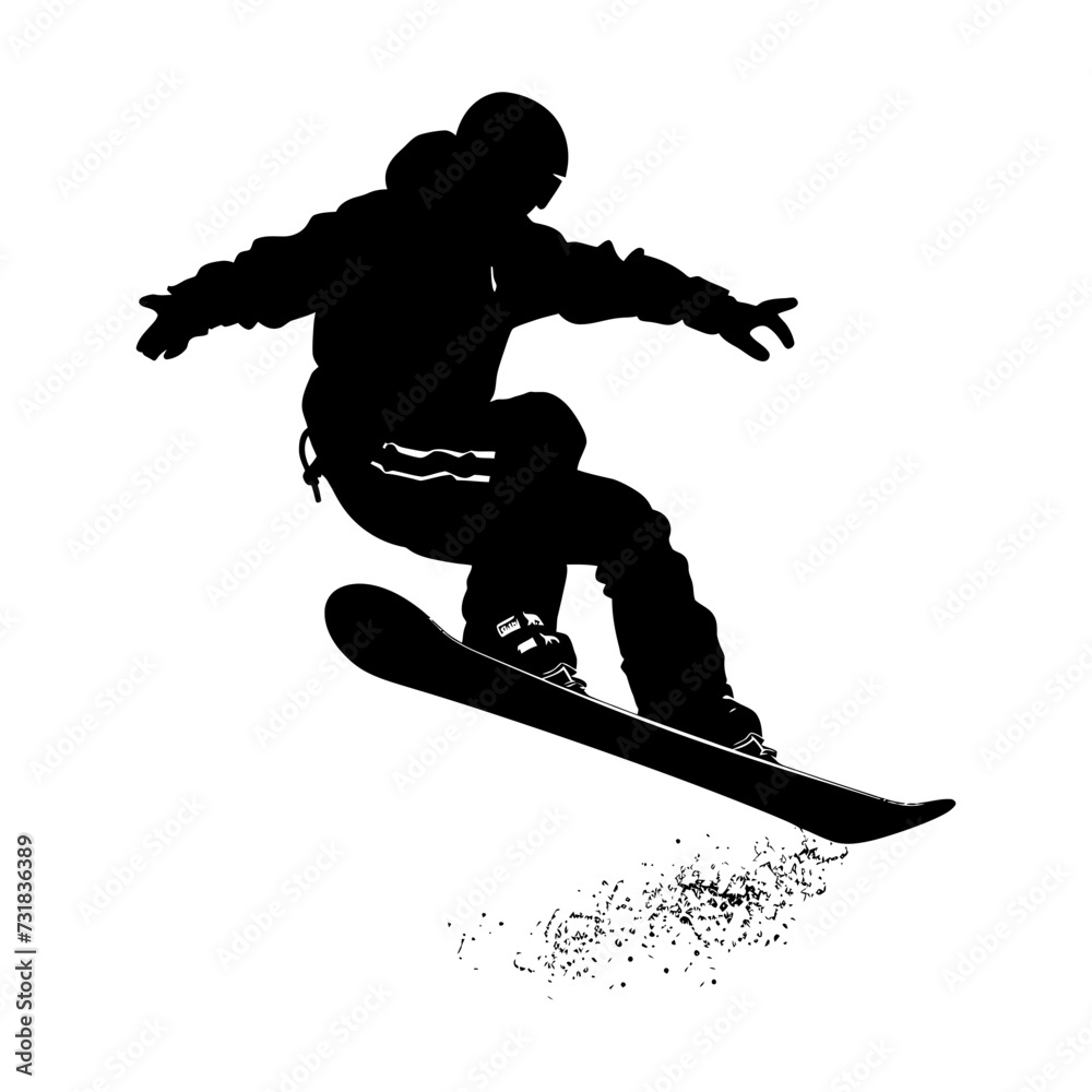 Silhouette snowboard jumps in the air black color only