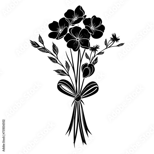 Silhouette spring flower bouquet tied with ribbon black color only