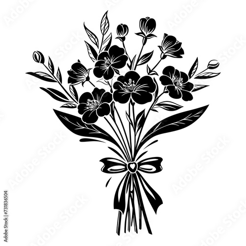 Silhouette spring flower bouquet tied with ribbon black color only