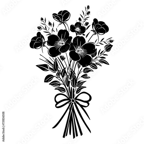Silhouette spring flower bouquet tied with ribbon black color only