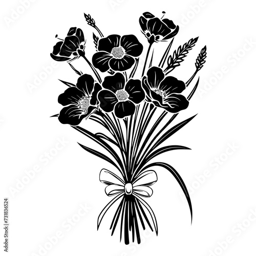 Silhouette spring flower bouquet tied with ribbon black color only