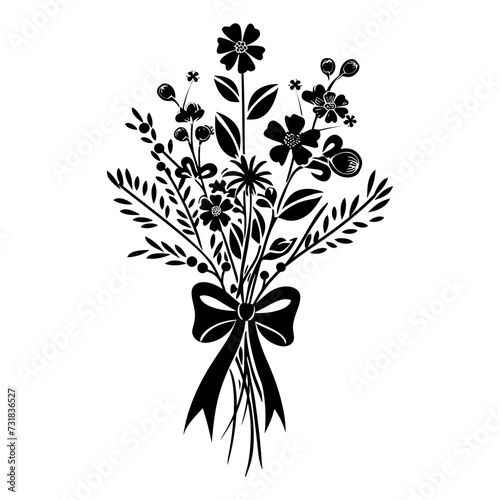 Silhouette spring flower bouquet tied with ribbon black color only