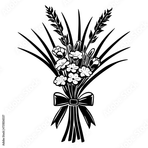 Silhouette spring flower bouquet tied with ribbon black color only
