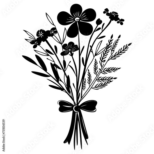 Silhouette spring flower bouquet tied with ribbon black color only