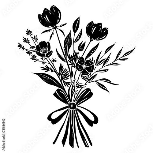 Silhouette spring flower bouquet tied with ribbon black color only
