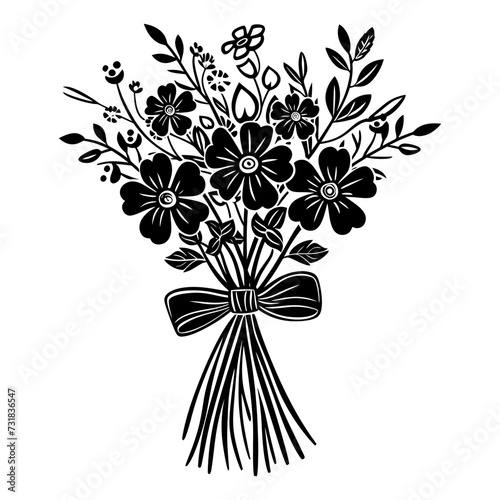 Silhouette spring flower bouquet tied with ribbon black color only