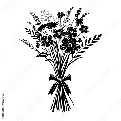 Silhouette spring flower bouquet tied with ribbon black color only