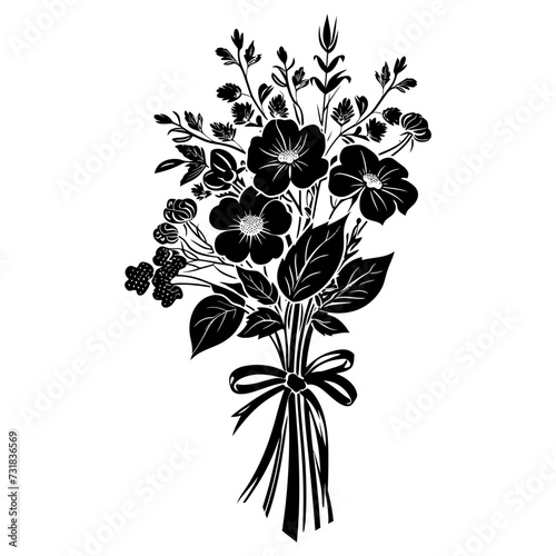 Silhouette spring flower bouquet tied with ribbon black color only