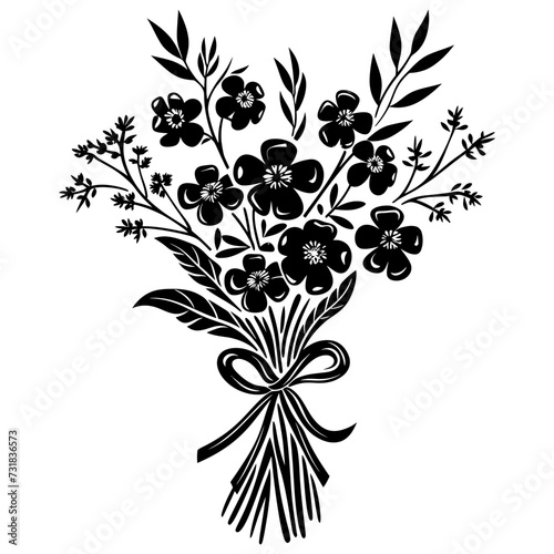 Silhouette spring flower bouquet tied with ribbon black color only