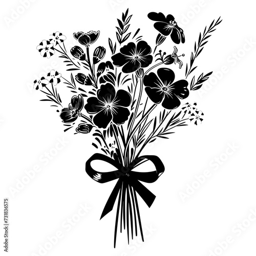 Silhouette spring flower bouquet tied with ribbon black color only