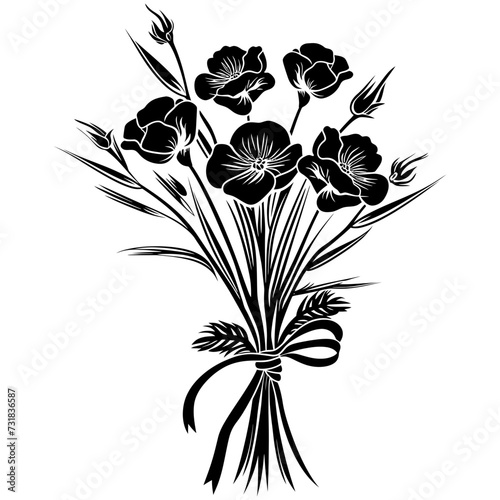 Silhouette spring flower bouquet tied with ribbon black color only