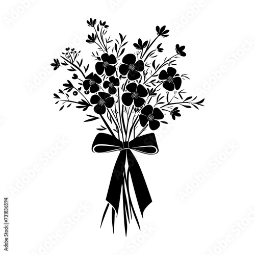 Silhouette spring flower bouquet tied with ribbon black color only