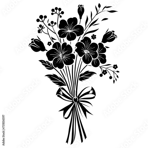 Silhouette spring flower bouquet tied with ribbon black color only