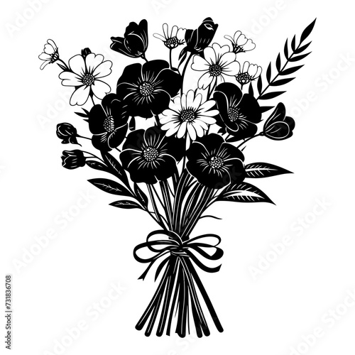 Silhouette spring flower bouquet tied with ribbon black color only