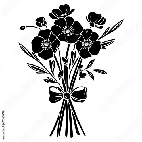 Silhouette spring flower bouquet tied with ribbon black color only