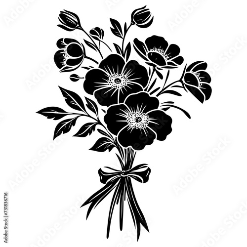 Silhouette spring flower bouquet tied with ribbon black color only
