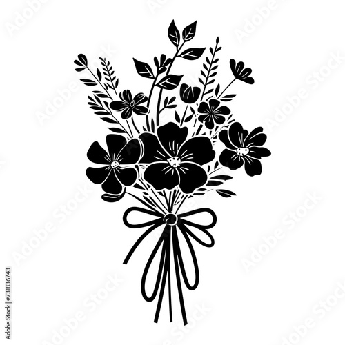 Silhouette spring flower bouquet tied with ribbon black color only