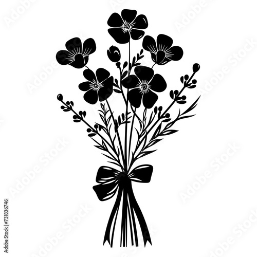 Silhouette spring flower bouquet tied with ribbon black color only