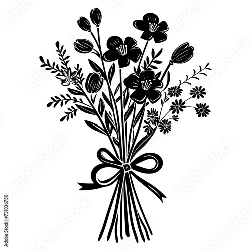 Silhouette spring flower bouquet tied with ribbon black color only