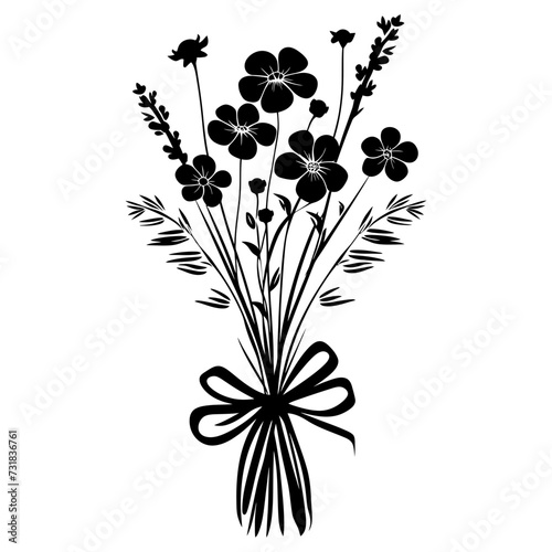 Silhouette spring flower bouquet tied with ribbon black color only