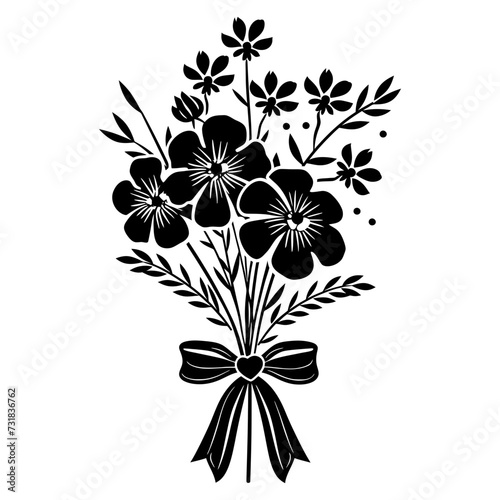 Silhouette spring flower bouquet tied with ribbon black color only
