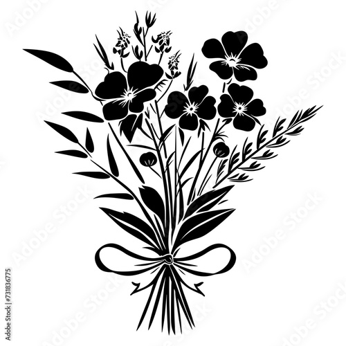 Silhouette spring flower bouquet tied with ribbon black color only