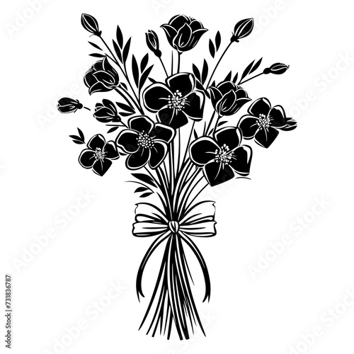 Silhouette spring flower bouquet tied with ribbon black color only