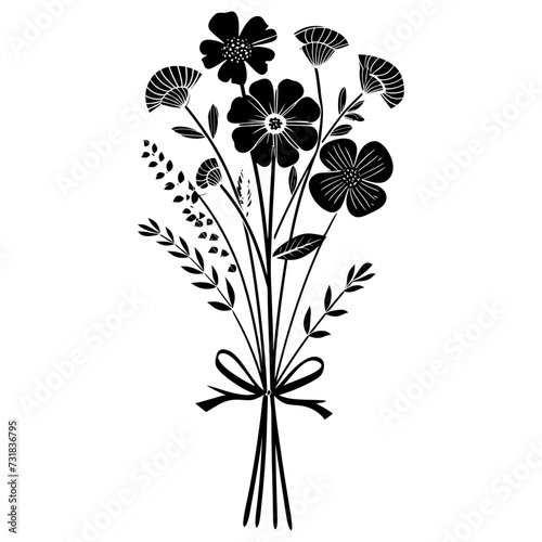 Silhouette spring flower bouquet tied with ribbon black color only