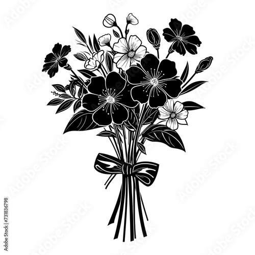 Silhouette spring flower bouquet tied with ribbon black color only