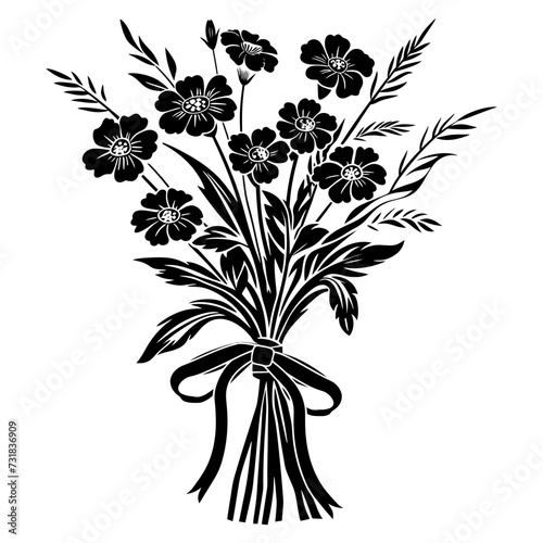 Silhouette spring flower bouquet tied with ribbon black color only
