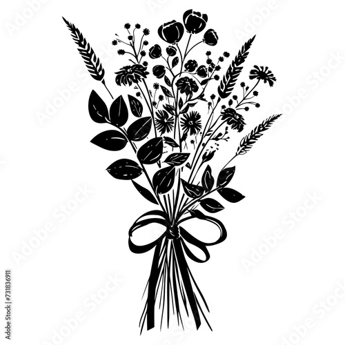 Silhouette spring flower bouquet tied with ribbon black color only
