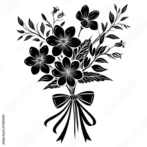 Silhouette spring flower bouquet tied with ribbon black color only