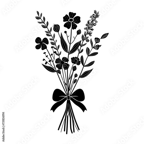 Silhouette spring flower bouquet tied with ribbon black color only