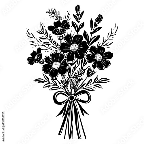Silhouette spring flower bouquet tied with ribbon black color only