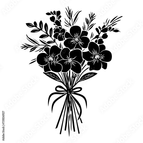 Silhouette spring flower bouquet tied with ribbon black color only