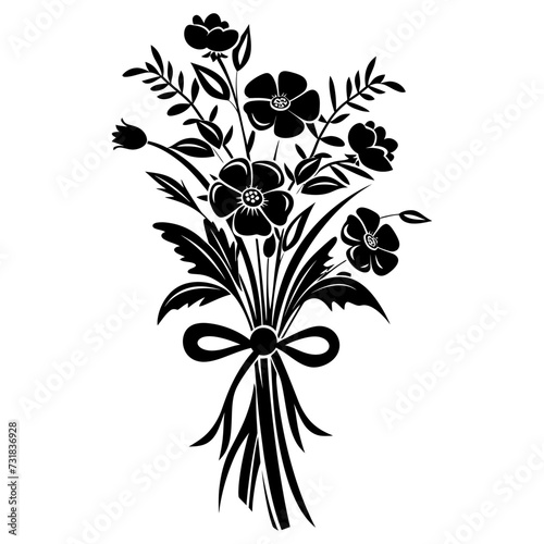 Silhouette spring flower bouquet tied with ribbon black color only
