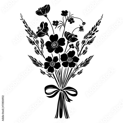 Silhouette spring flower bouquet tied with ribbon black color only