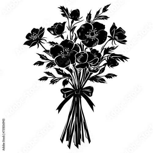 Silhouette spring flower bouquet tied with ribbon black color only